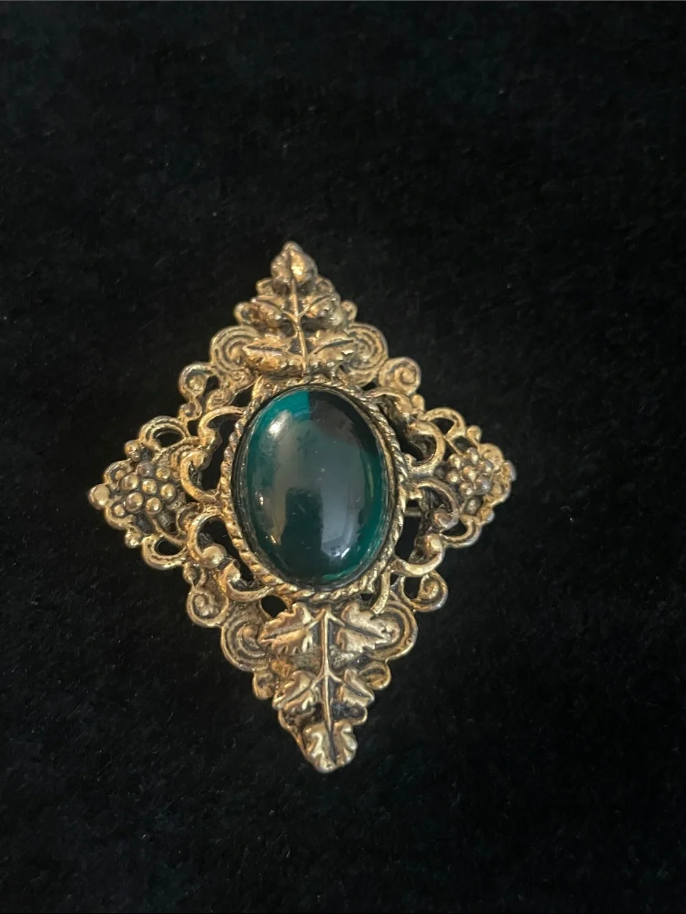 Vintage Gold Tone Filigree Brooch with Dark Teal Cabochon